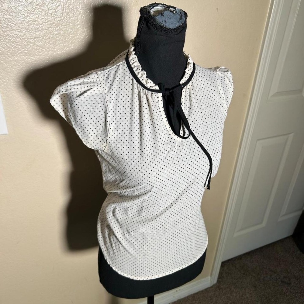 Paper Moon Polka Dot Tie Neck Blouse White Black Office Siren Cap Sleeve Small
